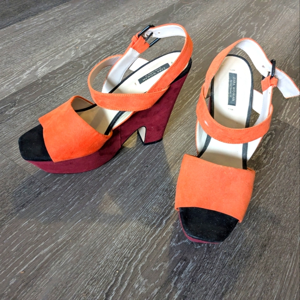 Zara Women faux-suede maroon/orange 5.5 inch wedges heels Sz 39